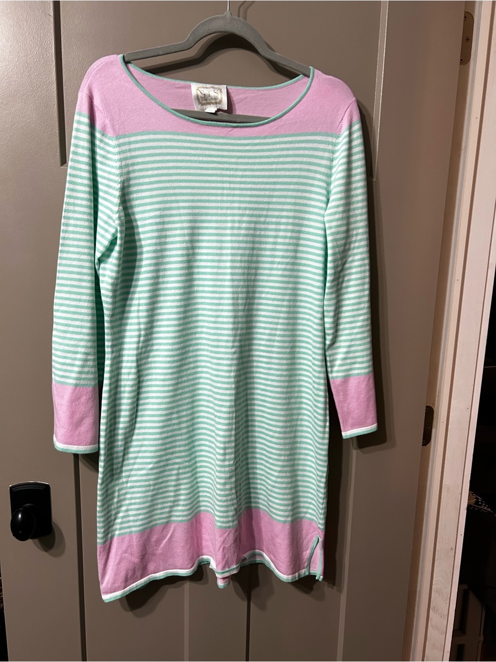 Sail To Sable STS Dress M Green Pink White Stripes Long Sleeve A Line Nautical